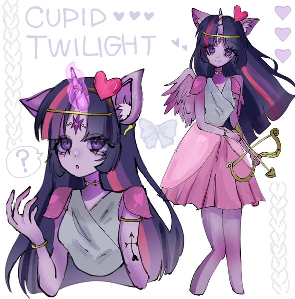 Size: 2020x2048 | Tagged: safe, artist:m09160, derpibooru import, twilight sparkle, human, equestria girls, arrow, bow (weapon), bow and arrow, clothes, cupid, dress, g4, heart, horn, horned humanization, humanized, image, jpeg, weapon, winged humanization, wings