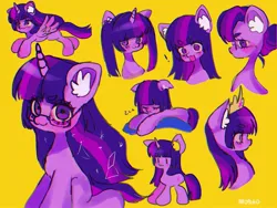 Size: 2048x1536 | Tagged: safe, artist:m09160, derpibooru import, twilight sparkle, ear fluff, glasses, hair bun, image, jewelry, jpeg, pigtails, simple background, tiara, twintails, yellow background