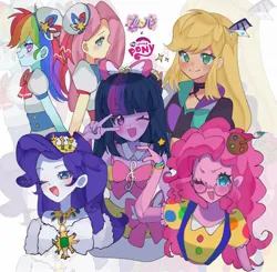 Size: 2048x2004 | Tagged: safe, artist:m09160, derpibooru import, applejack, fluttershy, pinkie pie, rainbow dash, rarity, twilight sparkle, equestria girls, female, g4, image, jpeg, mane six, pripara