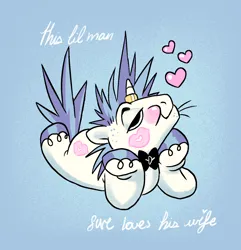 Size: 1370x1421 | Tagged: safe, artist:gorjee-art, derpibooru import, shining armor, pony, unicorn, alternate cutie mark, bowtie, floating heart, heart, hoof on chin, horn, horn ring, image, implied princess cadance, jewelry, kiss on the cheek, kissing, lidded eyes, lying down, male, meme, messy mane, png, prone, ring, solo, sploot, stallion, text, the bride and the ugly ass groom