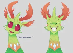 Size: 3564x2589 | Tagged: safe, artist:bishopony, derpibooru import, thorax, changedling, changeling, blush scribble, blushing, bust, eyes closed, g4, gray background, grin, high res, image, jpeg, king thorax, looking at you, male, sharp teeth, simple background, smiling, smiling at you, solo, teeth