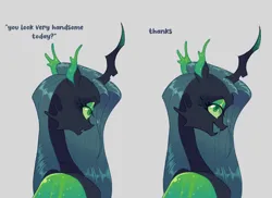 Size: 3564x2589 | Tagged: safe, artist:bishopony, derpibooru import, queen chrysalis, changeling, changeling queen, bust, dialogue, female, g4, gray background, high res, image, jpeg, lidded eyes, looking at you, looking back, looking back at you, simple background, smiling, smiling at you, solo