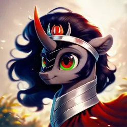 Size: 1024x1024 | Tagged: safe, ai content, derpibooru import, machine learning generated, prompter:bubblegumpizza, stable diffusion, king sombra, pony, unicorn, black hair, colored horn, curved horn, cute, g4, generator:pony diffusion v6 xl, horn, image, jpeg, male, solo, sombra horn, stallion