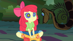 Size: 1920x1080 | Tagged: safe, artist:ocean lover, derpibooru import, apple bloom, human, python, snake, equestria girls, animated, apple bloom's bow, belt, boots, bow, bush, clothes, crossover, disney, everfree forest, forest, forked tongue, g4, gif, hair bow, hypno eyes, hypnosis, hypnotized, image, kaa, kaa eyes, leaves, link in description, looking at each other, looking at someone, nature, red hair, shirt, shoes, sitting, tree, youtube, youtube link, youtube video