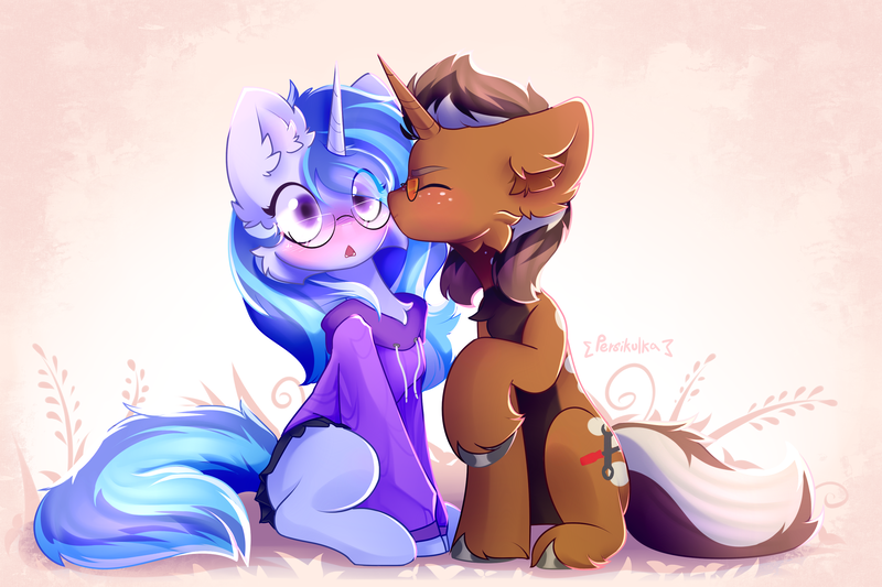 Size: 3000x2000 | Tagged: artist needed, source needed, safe, derpibooru import, oc, oc:macchiato, oc:pillow, unicorn, blushing, clothes, female, horn, image, kiss on the lips, kissing, male, png, surprised, unshorn fetlocks