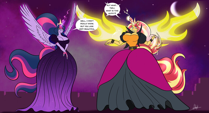 Size: 2611x1411 | Tagged: suggestive, artist:panthra78, derpibooru import, sunset shimmer, twilight sparkle, anthro, artificial wings, augmented, big breasts, breasts, busty sunset shimmer, busty twilight sparkle, cleavage, clothes, dialogue, dress, duo, duo female, female, g4, gloves, image, jpeg, magic, magic wings, spread wings, wings, wristband