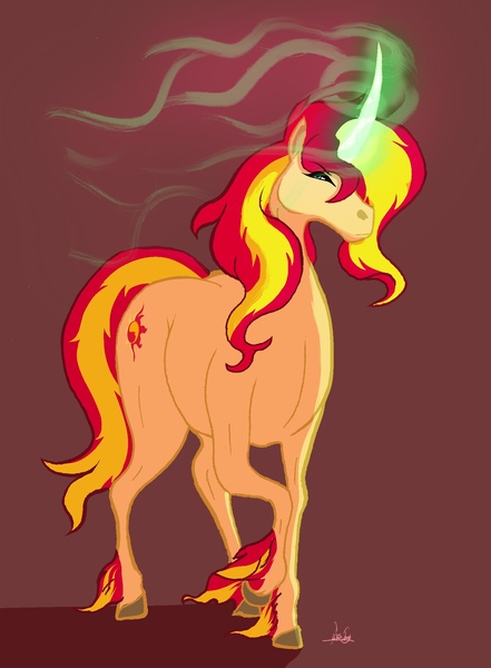 Size: 1445x1965 | Tagged: safe, artist:panthra78, derpibooru import, sunset shimmer, pony, unicorn, female, fetlock tuft, g4, hoers, horn, image, jpeg, magic, mare, simple background, solo