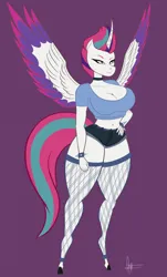 Size: 1492x2469 | Tagged: suggestive, alternate version, artist:panthra78, derpibooru import, zipp storm, alicorn, anthro, unguligrade anthro, g5, alicornified, alternate character, belly button, bracelet, breasts, busty zipp storm, choker, cleavage, clothes, curvy, female, fishnets, hand on hip, hourglass figure, image, jpeg, midriff, purple background, race swap, short shirt, shorts, simple background, solo, solo female, spiked wristband, spread wings, thighs, thunder thighs, wide hips, wings, wristband