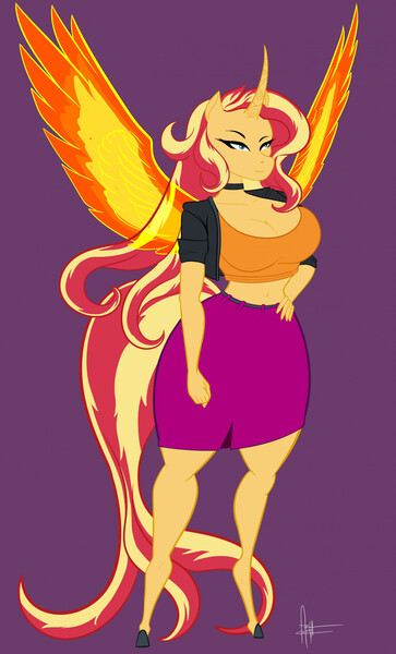 Size: 1492x2469 | Tagged: safe, artist:panthra78, derpibooru import, sunset shimmer, alicorn, anthro, unguligrade anthro, alicornified, artificial wings, augmented, belly button, breasts, busty sunset shimmer, choker, cleavage, clothes, female, g4, hand on hip, image, jacket, jpeg, magic, magic wings, midriff, purple background, race swap, shimmercorn, short shirt, simple background, skirt, solo, wings