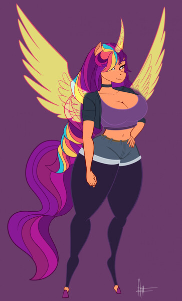 Size: 1492x2469 | Tagged: safe, alternate version, artist:panthra78, derpibooru import, sunny starscout, alicorn, anthro, earth pony, unguligrade anthro, g5, alicornified, alternate character, artificial horn, artificial wings, augmented, belly button, breasts, busty sunny starscout, choker, cleavage, clothes, female, hand on hip, horn, image, jacket, jpeg, leggings, magic, magic horn, magic wings, midriff, purple background, race swap, short shirt, shorts, simple background, solo, thighs, thunder thighs, wide hips, wings