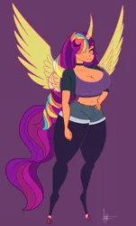 Size: 1492x2469 | Tagged: safe, alternate version, artist:panthra78, derpibooru import, sunny starscout, alicorn, anthro, earth pony, unguligrade anthro, g5, alicornified, alternate character, artificial horn, artificial wings, augmented, belly button, breasts, busty sunny starscout, choker, cleavage, clothes, female, hand on hip, horn, image, jacket, jpeg, leggings, magic, magic horn, magic wings, midriff, purple background, race swap, short shirt, shorts, simple background, solo, thighs, thunder thighs, wide hips, wings