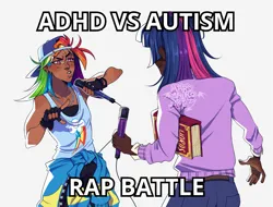 Size: 2048x1556 | Tagged: safe, artist:marshiroart, derpibooru import, rainbow dash, twilight sparkle, human, backwards ballcap, baseball cap, book, cap, clothes, dark skin, duo, duo female, female, fingerless gloves, gloves, hat, humanized, image, microphone, png, rap battle, simple background, text, white background