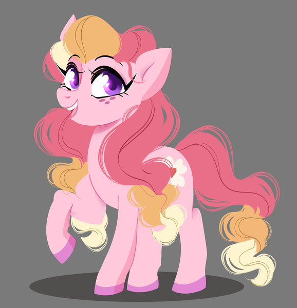 Size: 2890x3000 | Tagged: safe, artist:cartoonssams, derpibooru import, oc, oc:honeycrisp blossom, unofficial characters only, earth pony, pony, female, filly, foal, freckles, gray background, image, offspring, open mouth, open smile, parent:big macintosh, parent:princess cadance, parents:cadmac, png, raised hoof, simple background, smiling, solo