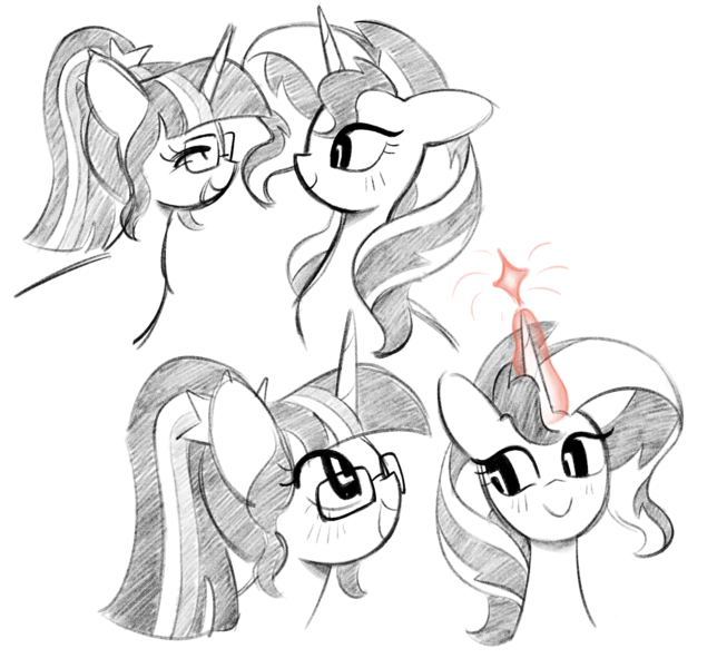 Size: 2006x1868 | Tagged: safe, artist:risswm, derpibooru import, sci-twi, sunset shimmer, twilight sparkle, pony, unicorn, bust, duo, duo female, eyes closed, female, glow, glowing horn, grayscale, horn, image, lesbian, mare, monochrome, open mouth, open smile, partial color, png, ship:sci-twishimmer, shipping, simple background, smiling, sunsetsparkle, white background