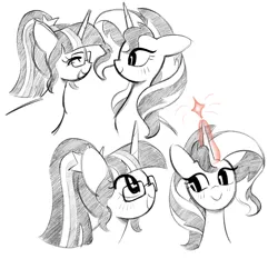 Size: 2006x1868 | Tagged: safe, artist:risswm, derpibooru import, sci-twi, sunset shimmer, twilight sparkle, pony, unicorn, bust, duo, duo female, eyes closed, female, glow, glowing horn, grayscale, horn, image, lesbian, mare, monochrome, open mouth, open smile, partial color, png, ship:sci-twishimmer, shipping, simple background, smiling, sunsetsparkle, white background