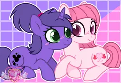 Size: 3465x2381 | Tagged: safe, artist:muhammad yunus, derpibooru import, oc, oc:annisa trihapsari, oc:violetta cuddles belle, unofficial characters only, alicorn, earth pony, pony, unicorn, base used, blushing, duo, duo female, female, horn, image, lesbian, pink background, png, ponytail, purple background, simple background, sitting, watermark