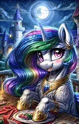 Size: 2560x4032 | Tagged: safe, ai content, anonymous prompter, derpibooru import, machine learning generated, stable diffusion, princess celestia, alicorn, pony, balcony, blushing, candle, castle, chest fluff, date, detailed, detailed background, dinner, ear fluff, ear piercing, earring, female, feral, fluffy, food, generator:easyfluff v11.2, happy, image, jewelry, looking at you, mare, moon, moonlight, night, open mouth, outdoors, piercing, png, romantic, smiling, smiling at you, solo, sushi