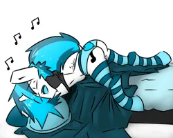 Size: 1280x1024 | Tagged: suggestive, artist:sol-zu, derpibooru import, vinyl scratch, anthro, unicorn, 2013, bed, blue tongue, butt, clothes, dock, eyes closed, female, g4, horn, image, jpeg, midriff, music notes, on bed, open mouth, panties, shirt, simple background, sleeping, snoring, socks, solo, solo female, striped socks, tail, underwear, vinyl ass, white background