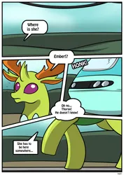 Size: 1614x2283 | Tagged: safe, artist:rex-equinox, derpibooru import, part of a set, princess ember, thorax, changeling, comic:thorax's shocking express, comic, commission, image, inanimate tf, locomotive, png, story included, train, transformation, vehicle