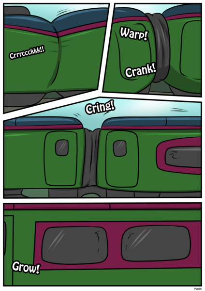 Size: 1614x2283 | Tagged: safe, artist:rex-equinox, derpibooru import, part of a set, thorax, changeling, comic:thorax's shocking express, comic, commission, image, inanimate tf, locomotive, png, story included, train, transformation, vehicle