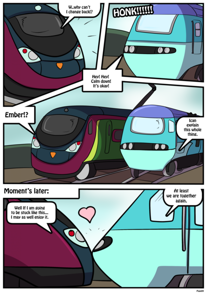 Size: 1614x2283 | Tagged: safe, artist:rex-equinox, derpibooru import, part of a set, princess ember, thorax, changeling, comic:thorax's shocking express, comic, commission, heart, image, implied shipping, inanimate tf, locomotive, png, story included, train, transformation, vehicle