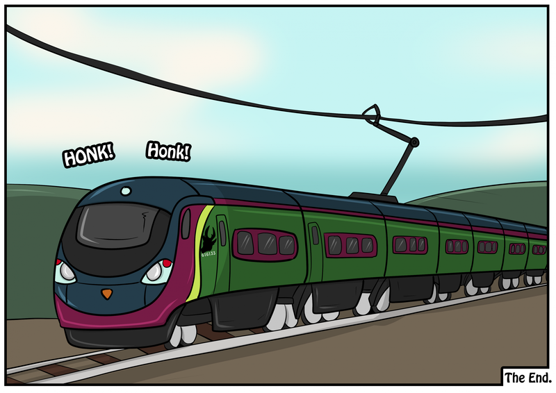 Size: 2283x1614 | Tagged: safe, artist:rex-equinox, derpibooru import, part of a set, thorax, changeling, comic:thorax's shocking express, comic, commission, image, inanimate tf, locomotive, png, story included, train, transformation, vehicle