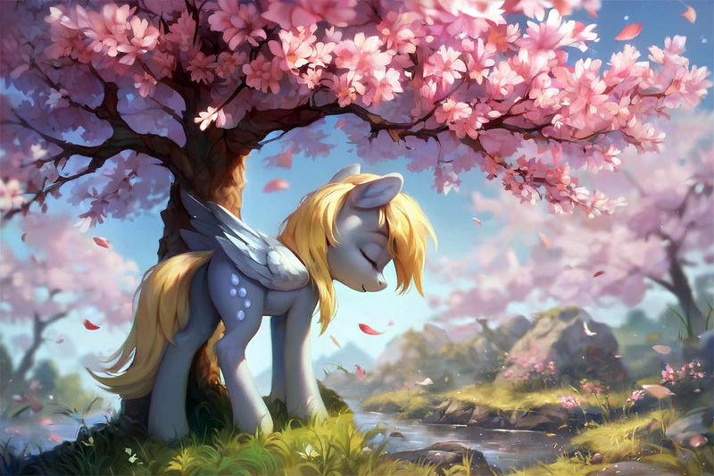 Size: 1152x768 | Tagged: safe, ai content, derpibooru import, machine learning generated, prompter:foxpony, stable diffusion, derpy hooves, pegasus, pony, cherry, cherry blossoms, eyes closed, flower, flower blossom, food, full body, generator:pony diffusion v6 xl, image, petals, png, river, solo, water
