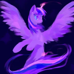 Size: 4000x4000 | Tagged: safe, artist:frostharbourer, derpibooru import, twilight sparkle, twilight sparkle (alicorn), alicorn, pony, absurd resolution, blue background, female, glow, glowing horn, horn, image, jpeg, looking offscreen, mare, simple background, solo, spread wings, wings