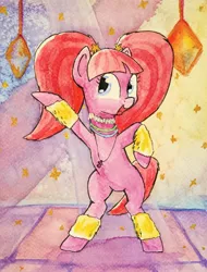 Size: 2000x2633 | Tagged: safe, artist:chevaleto, derpibooru import, pacific glow, earth pony, pony, accessory, bipedal, clothes, dancing, derpibooru exclusive, female, g4, glow rings, glowstick, high res, image, jewelry, jpeg, leg warmers, mare, necklace, open mouth, pacifier, pigtails, smiling, solo, traditional art, watercolor painting