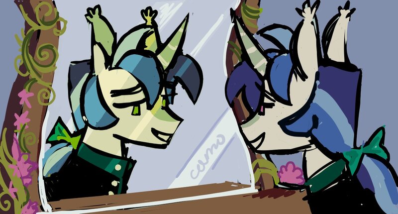 Size: 1257x675 | Tagged: safe, artist:camo_ty, derpibooru import, queen chrysalis, shining armor, pony, unicorn, a canterlot wedding, alternate color palette, alternate design, alternate eye color, alternate hairstyle, blaze (coat marking), bow, bowtie, clothes, coat markings, colored horn, disguise, disguised changeling, duality, ear tufts, facial markings, flower, formal wear, g4, hair bow, horn, image, jpeg, looking at self, male, mirror, pink eyes, ponytail, redesign, role reversal, signature, smiling, solo, stallion, tied mane, tuxedo, vine, white coat