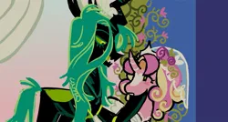 Size: 1257x675 | Tagged: safe, artist:camo_ty, derpibooru import, princess cadance, queen chrysalis, alicorn, changeling, changeling queen, pony, a canterlot wedding, alternate color palette, alternate design, alternate eye color, alternate mane color, big ears, black coat, blaze (coat marking), blush scribble, blushing, carapace, clothes, coat markings, colored eyebrows, colored mouth, colored sclera, colored tongue, crown, curved horn, dress, duo, duo female, eyelashes, facial markings, fangs, female, flower, frown, g4, green eyes, green mane, green sclera, green tail, green tongue, heart, heart mark, height difference, hoof under chin, horn, image, infidelity, jewelry, jpeg, large horn, lesbian, long mane, long tail, looking at each other, looking at someone, looking down, looking up, mare, messy mane, messy tail, multicolored mane, open mouth, open smile, pink coat, profile, redesign, regalia, role reversal, sharp teeth, ship:cadalis, shipping, signature, smiling, striped horn, tail, teeth, tiara, veil, wall of tags, wavy mane, wedding dress, wedding veil