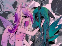 Size: 1203x904 | Tagged: safe, artist:blvdswirls, derpibooru import, princess cadance, queen chrysalis, anthro, changeling, changeling queen, pony, abstract background, belly button, cute, duo, duo female, female, image, infidelity, jpeg, lesbian, midriff, ship:cadalis, shipping