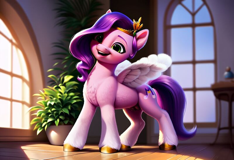 Size: 1216x832 | Tagged: questionable, ai content, derpibooru import, machine learning generated, prompter:kluknawa235, stable diffusion, pipp petals, pegasus, pony, g5, chest fluff, crotchboobs, flower, generator:purplesmart.ai, image, indoors, jpeg, nudity, spread wings, teats, wings