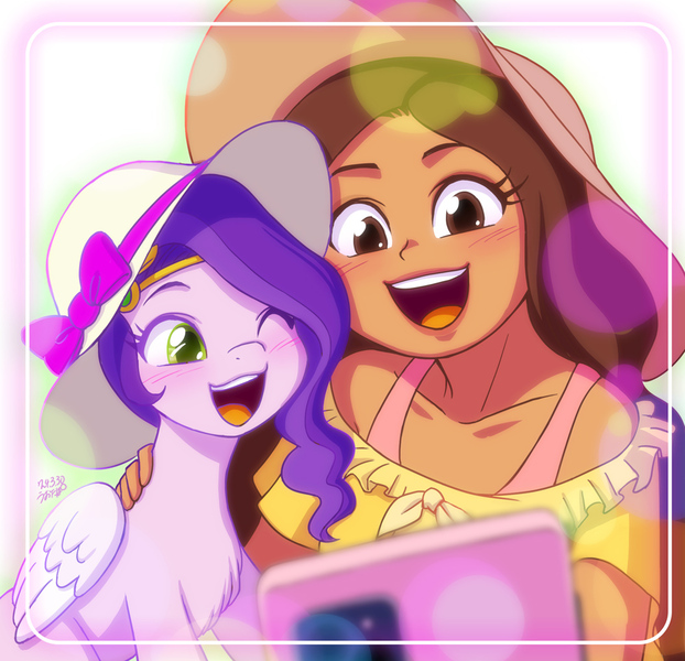 Size: 1000x964 | Tagged: safe, artist:uotapo, derpibooru import, pipp petals, human, pegasus, pony, g5, adorapipp, clothes, crossover, cute, disney, dress, duo, duo female, female, hailey's on it!, hat, image, iphone, jpeg, kristine sanchez, mobile phone, one eye closed, open mouth, phone, selfie, smartphone, sun hat, uotapo is trying to murder us, wink