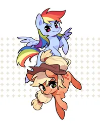 Size: 1337x1691 | Tagged: safe, artist:bronymiaoxing, artist:meowzng999, derpibooru import, applejack, rainbow dash, earth pony, pegasus, pony, abstract background, appledash, applejack's hat, cowboy hat, cute, dashabetes, duo, duo female, female, flying, g4, hat, image, jackabetes, lesbian, looking at you, mare, png, raised hoof, shipping, smiling, smiling at you, spread wings, wings