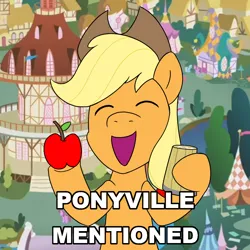 Size: 900x900 | Tagged: safe, artist:unitxxvii, derpibooru import, applejack, pony, apple, eyes closed, female, food, image, open mouth, png, ponyville, ponyville town hall, solo