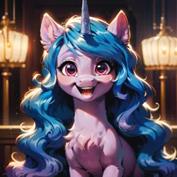 Size: 1024x1024 | Tagged: safe, ai content, derpibooru import, machine learning generated, prompter:doom9454, stable diffusion, izzy moonbow, pony, unicorn, g5, cute, fluffy, generator:pony diffusion v6 xl, happy, horn, image, looking at you, png