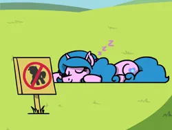 Size: 1800x1350 | Tagged: safe, artist:flutterluv, derpibooru import, izzy moonbow, pony, unicorn, g5, cute, eyes closed, fuck the police, grass, horn, image, izzybetes, jpeg, lying down, onomatopoeia, ponified animal photo, prone, pure unfiltered evil, sign, sleeping, smiling, solo, sound effects, zzz