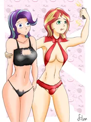 Size: 2666x3570 | Tagged: suggestive, alternate version, artist:film77asq, derpibooru import, starlight glimmer, sunset shimmer, human, equestria girls, absolute cleavage, bra, breasts, cat lingerie, cleavage, clothes, duo, female, g4, human coloration, image, lingerie, panties, png, selfie, thousand yard stare, tongue out, underwear