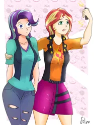 Size: 2666x3570 | Tagged: safe, alternate version, artist:film77asq, derpibooru import, starlight glimmer, sunset shimmer, human, clothes, duo, female, human coloration, image, png, selfie, thousand yard stare, tongue out