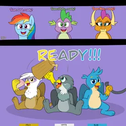 Size: 3000x3000 | Tagged: safe, artist:rupert, derpibooru import, gabby, gallus, gilda, rainbow dash, smolder, spike, dragon, gryphon, pegasus, pony, series:catbird 3's colossal squish program, belly, cider, cup, determined look, donut, dragoness, female, food, g4, hose, image, imminent weight gain, incentive drive, it begins, male, open mouth, pale belly, paws, png, sitting, smiling, teams, this will end in weight gain