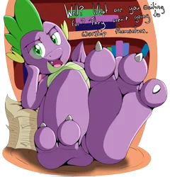 Size: 1400x1456 | Tagged: suggestive, alternate version, artist:foxkai, derpibooru import, spike, dragon, bedroom eyes, book, bookshelf, dialogue, feet, fetish, foot fetish, foot focus, image, looking at you, male, open mouth, open smile, paper, png, presenting, simple background, smiling, solo, solo male, transparent background, winged spike, wings