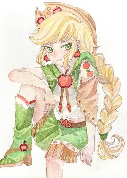 Size: 1460x2048 | Tagged: safe, artist:guotanbiantai, derpibooru import, applejack, human, equestria girls, braid, braided ponytail, female, g4, humanized, image, jpeg, ponytail, sitting, solo, traditional art, watercolor painting