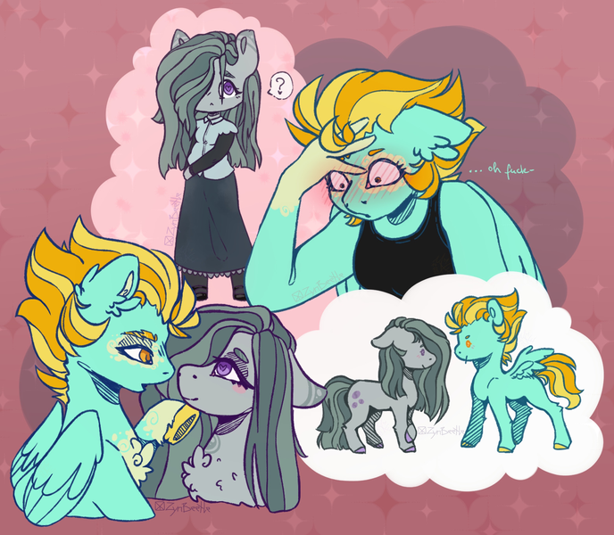 Size: 1561x1361 | Tagged: safe, artist:xlovebitz, derpibooru import, lightning dust, marble pie, anthro, earth pony, pegasus, pony, crack shipping, cute, cutie mark, female, image, lesbian, looking at each other, looking at someone, marblebetes, marbledust, png, question mark, shipping, thought bubble, wings