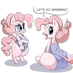 Size: 3000x3000 | Tagged: suggestive, artist:parumpi, pinkie pie, earth pony, pony, alternate hairstyle, back, balloonbutt, bipedal, butt, chubby, clothes, cutie mark, dialogue, dock, female, image, looking at you, looking back, looking back at you, mare, plot, png, simple background, sitting, smiling, solo, swimsuit, tail, talking to viewer, the ass was fat, tongue out, white background