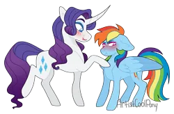 Size: 2489x1628 | Tagged: safe, artist:artistcoolpony, derpibooru import, rainbow dash, rarity, pegasus, pony, unicorn, blush scribble, blushing, curved horn, duo, duo female, female, floppy ears, height difference, horn, image, lesbian, looking away, mare, png, ship:raridash, shipping, simple background, transparent background