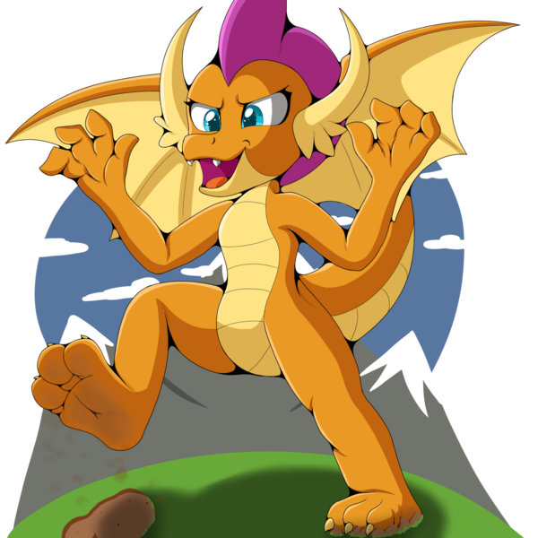 Size: 1919x1919 | Tagged: safe, artist:foxkai, derpibooru import, smolder, dragon, footprint, image, looking down, macro, mountain, open mouth, open smile, png, simple background, smiling, transparent background