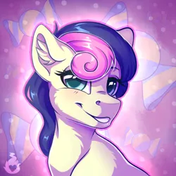 Size: 600x600 | Tagged: safe, artist:serenity, derpibooru import, bon bon, sweetie drops, earth pony, pony, background pony, bust, ear fluff, fluffy, g4, glow, image, jpeg, looking at you, portrait, shiny mane, simple background, smiling, smiling at you, wingding eyes