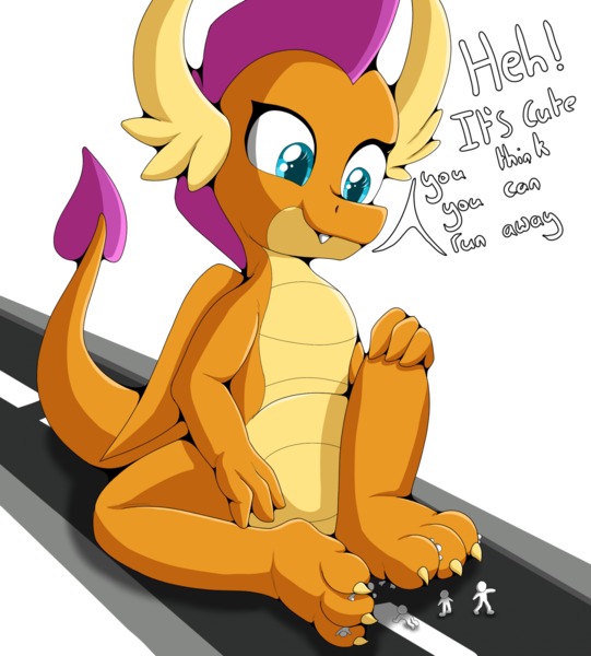 Size: 1822x2022 | Tagged: questionable, artist:foxkai, derpibooru import, smolder, dragon, human, between toes, dialogue, feet, female, female focus, fetish, foot fetish, image, looking down, macro, macro/micro, png, simple background, sitting, smiling, solo focus, street, transparent background