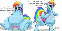 Size: 4096x2048 | Tagged: suggestive, artist:parumpi, rainbow dash, pegasus, pony, belly button, butt, clothes, cutie mark, dock, eyebrows, eyebrows visible through hair, fat, female, image, implied pinkie pie, looking back, looking down, mare, obese, offscreen character, png, rainbutt dash, raised hoof, simple background, sitting, smiling, swimsuit, tail, the ass was fat, tight clothing, underhoof, white background, wingless